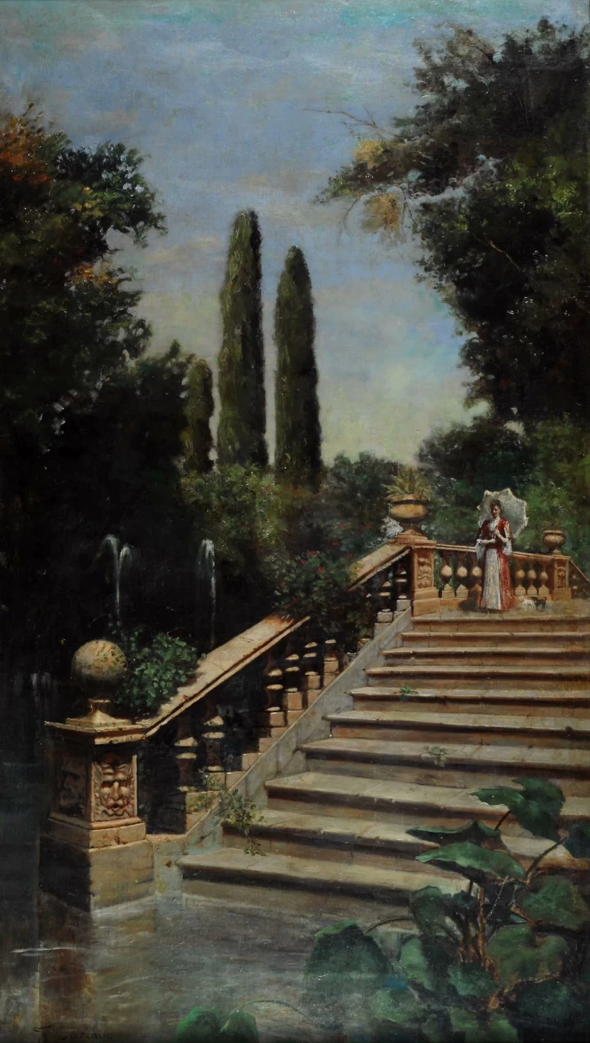 Scorcio di Giardino con Scalinata e Dama